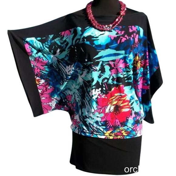 Cache Top New Dolman Sleeve Banded Bottom Stretch Multi Color Tropical $108 NWT - Picture 1 of 11